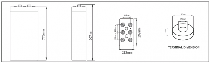 Battery dimensions diagram showing L399mm × W212mm × H807mm measurements